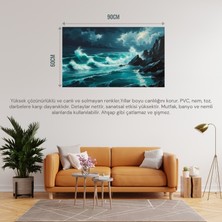 Doğa ve Manzara Yatay Kayalara Çarpan Güçlü Okyanus Dalgaları, Dramatik Gökyüzü 05 Çerçevesiz 90X60CM Pvc Tablo