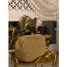 Handmade Gold Metalik Hasır İp Burslu Portföy Çanta
