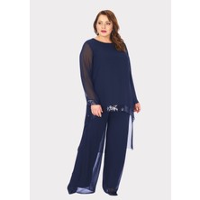 Lilas Xxl Büyük Beden Lacivert Renkli Şifon Abiye Pantolon Bluz Takım