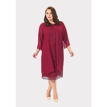 Lilas Xxl Büyük Beden Bordo Renkli Dantelli Dantelli Şifon Ceketli Abiye Elbise