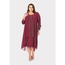 Lilas Xxl Büyük Beden Bordo Renkli Taş Baskılı Kısa Abiye Elbise
