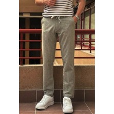 Erkek, bel lastikli, keten görünümlü, standart fit, bağcıklı dokuma pantolon 216-2