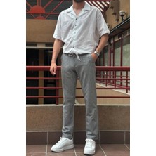 Erkek, bel lastikli, keten görünümlü, standart fit, bağcıklı dokuma pantolon 216-2