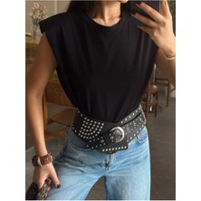Be Chic Kadın Bisiklet Yaka Omuzları Vatkalı Kolsuz Salaş Düz Basic Tshirt AYD2009