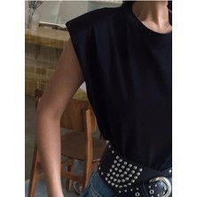 Be Chic Kadın Bisiklet Yaka Omuzları Vatkalı Kolsuz Salaş Düz Basic Tshirt AYD2009