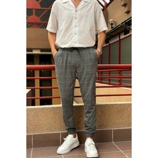 Erkek, bel bağcıklı, ekose desenli, Esnek kumaş, Pile detaylı, Jogger pantolon 24INP199K
