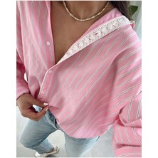 Be Chic Kadın Çizgili Dantel Detaylı Salaş Oversize Premium Gömlek MDA40001
