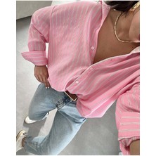Be Chic Kadın Çizgili Dantel Detaylı Salaş Oversize Premium Gömlek MDA40001