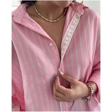 Be Chic Kadın Çizgili Dantel Detaylı Salaş Oversize Premium Gömlek MDA40001