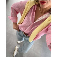 Be Chic Kadın Çizgili Dantel Detaylı Salaş Oversize Premium Gömlek MDA40001