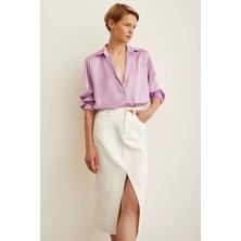 Be Chic Kadın Mor Renk V Yaka   Salaş Geniş Kesim Düz Basic Premium Saten Kumaş Gömlek CN100951