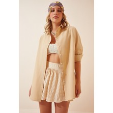 Be Chic Kadın Bej Oversize Uzun Basic Gömlek GM5000