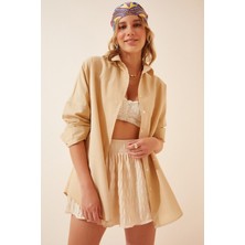 Be Chic Kadın Bej Oversize Uzun Basic Gömlek GM5000