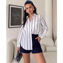 Be Chic Kadın Tek Cepli Oval Kesim Çizgili Salaş Gömlek MA2424