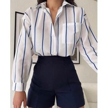 Be Chic Kadın Tek Cepli Oval Kesim Çizgili Salaş Gömlek MA2424