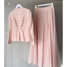 Kayra Etek Ceket Takım Işlemeli Tül Detaylı Tesettür Takım Abiye