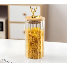 Borosilikat Cam Gold Geyik Figürlü Bambu Kapaklı Kavanoz 1 Adet 750 ml