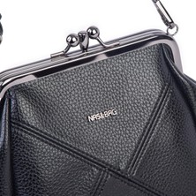 Nas Bag Mini Vintage Burslu Klipsli Kadın Omuz ve Çapraz Çanta Siyah Lopez  ( 20X17 Cm)