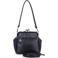 Nas Bag Mini Vintage Burslu Klipsli Kadın Omuz ve Çapraz Çanta Siyah Lopez  ( 20X17 Cm)