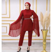 Kayra Tesettür Abiye Lüks Kemerli Abiye Takım Pantolon Tunik Taşlı Kemer