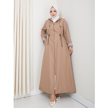 Harma Time Butik Kadın Kapüşonlu Çizgi Detaylı Vizon Bondit Kap