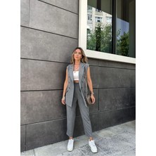 Gamze Alptekin Premium Boy Fit Kadın Pantolon Kolsuz Ceket Yelek Takımı Atlas Kumaş