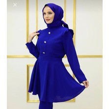 Kayra Saks Mavisi Tunik Pantolon Şık Lüks Tesettür Takım Abiye Taş Düğme