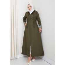 Harma Time Butik Kadın Kapüşonlu Çizgi Detaylı Haki Bondit Kap