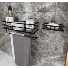 Yapışkanlı Banyo Rafı ve Sabunluk Seti, Siyah, Pratik ve Şık Düzenleyici