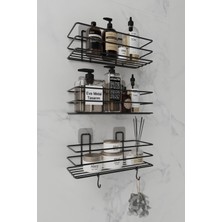 3'lü Set Yapışkanlı Paslanmaz Banyo Rafı, Siyah, 2 Kancalı, Duş ve Şampuanlık