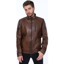 Deri Work Hakiki Deri Kahverengi Dik Yaka Bern Erkek Deri Ceket