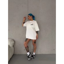 Giyimodam Unisex Bisiklet Yaka Baskılı Oversize T-Shirt - Beyaz
