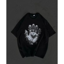 Giyimodam Unisex Bisiklet Yaka Baskılı Oversize T-Shirt - Siyah
