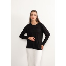 Ziend Fashion Kadın Likralı Büyük Beden Orta Yaş ve Üzeri Dört Mevsim Kiremit Anne Penye Bluz Çizgili Şeritli Siyah - 2xl