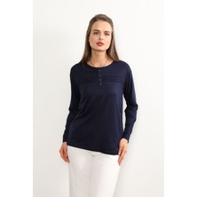 Ziend Fashion Kadın Likralı Büyük Beden Orta Yaş ve Üzeri Dört Mevsim Kiremit Anne Penye Bluz Çizgili Şeritli Lacivert - 2xl