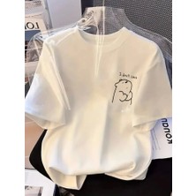 Giyimodam Baskılı Oversize Bisiklet Yaka T-Shirt - Beyaz