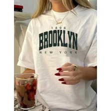 Giyimodam Baskılı Oversize Bisiklet Yaka T-Shirt - Beyaz
