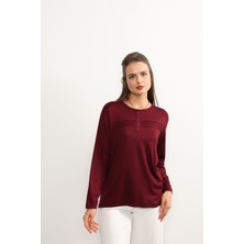 Ziend Fashion Kadın Likralı Büyük Beden Orta Yaş ve Üzeri Dört Mevsim Kiremit Anne Penye Bluz Çizgili Şeritli Bordo - Xl