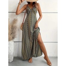 Giyimodam Kadın Ip Askılı Sırttan Çapraz Detaylı Yırtmaçlı Desenli Süprem Elbise