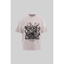 Machinist Erkek Cracked Printed Yikamali Oversize Koyu Bej Tişört
