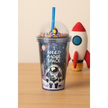 Kitchen Life El Yakmaz Çift Katmanlı Neon Astranot Desenli  Pipetli Bardak 600 Ml–eğlenceli Içecek Bardağı