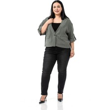 Disentis Modest Büyük Beden Tek Düğmeli Düşük Yarım Kollu Apoletli Cepli Kısa Haki Ceket