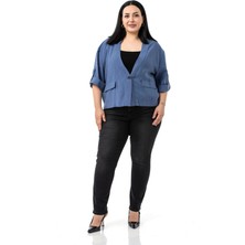 Disentis Modest Büyük Beden Tek Düğmeli Düşük Yarım Kollu Apoletli Cepli Kısa Indigo Ceket