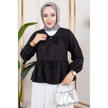 Kadın Ön Çift Bağlamalı Kolu Lastikli Volanlı Tesettür Tunik Siyah