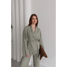 Melvien Çağla Yeşili Şal Yaka Keten Takım (Oversize Kalıp)