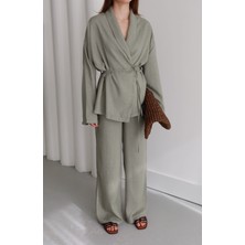 Melvien Çağla Yeşili Şal Yaka Keten Takım (Oversize Kalıp)