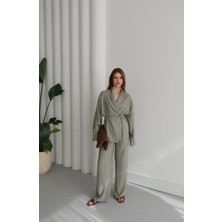 Melvien Çağla Yeşili Şal Yaka Keten Takım (Oversize Kalıp)