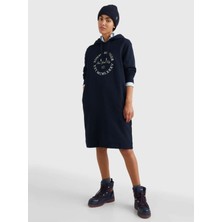 Baskı Kapşonlu Pamuklu Elbise