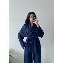 Melvien Lacivert Şal Yaka Keten Takım (Oversize Kalıp)