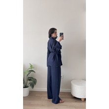 Melvien Lacivert Şal Yaka Keten Takım (Oversize Kalıp)